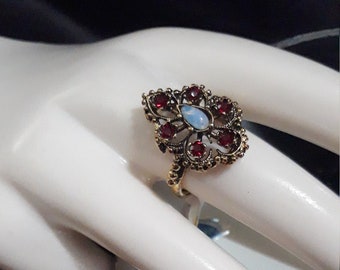 Cocktail Cluster Vintage Ring size 7 Elegant Shimmers with Faux Ruby and Genuine Opal New Old Stock 18k Gold HGE  Plated Sterling By Vargas