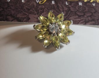 Citrine is the Gemstone of November and this Brooch is Antique with Marquee Crystals Yellow and Clear Crystal Center made in Rhodium Finish