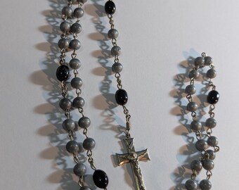 VINTAGE Gray Silver and Black Lucite Beads Rosary Religious Catholic Prayer Sterling Chain