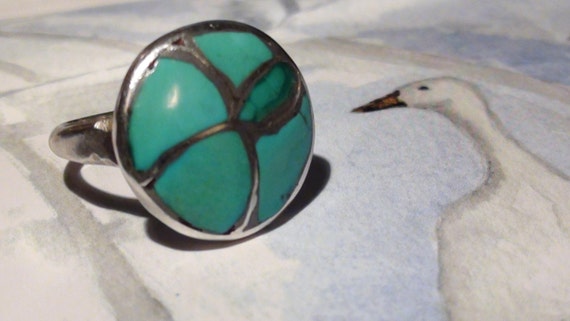 Mosaic Zuni with Turquoise and sterling silver  R… - image 1