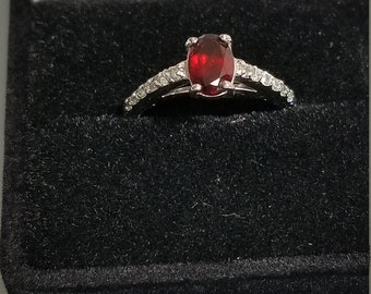 Promise Ring Garnet Ruby CZ and Cz Sparks Band Rhodium Size 7 Vintage 1990s Ruby is July Birthstone