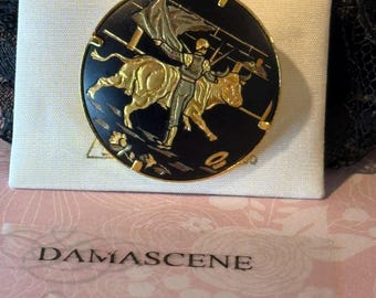 Vintage Damascene Brooch Bull Fight 22k and 24k gold foil Inlaid New Old Stock