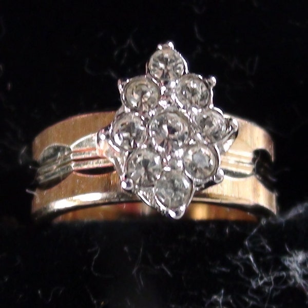 Vintage Cocktail  Ring In 18kt Yellow  Gold and Rhodium Cluster  HGE over Sterling Repousse Girls size 4