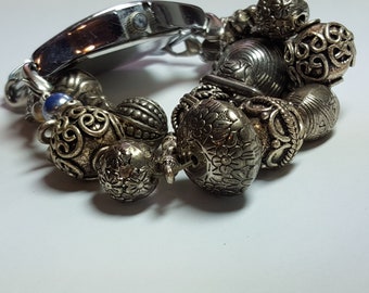 Bali Beads Silver tone  Dangle Altered Art  BRACELET Watch  2 STRAND Working and New Battery Stretchable Bumbles Watch