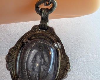 Antique Domed Orb Jesus Medal Necklace 16" Sterling Box Chain