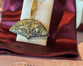 Necklace Spanish Fan Damascene Love Bird 22k and 24k gold Foil and Wire Inlaid