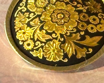 Vintage Brooch Flowers Damascene 22k and 24k gold Foil and Wire Inlaid Spanish
