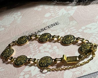 Vintage Damasquinado De Oro Gold 18k and 24k Foil Art Spanish Link Bracelet Love Birds