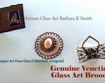 Vintage Artisan Jewelry lot Glass Barbara K Smith* Copper tone Faux Glass Round* Venetian Art Glass Brooch
