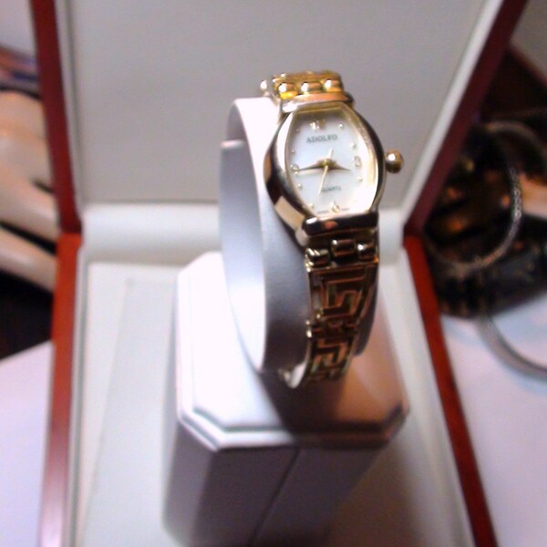 1990's Wrist Watch Bracelet working New Battery  and with Greek bracelet gold Plated Petite Wrist 6" max