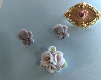 Victorian Revival Brooch Porcelain Rose Enamel Ornate Mix lot Shades of Pink and Earrings