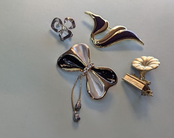 1970s Lot of Vintage Brooches Modernist Enamel Black and Pearl*Edison Phonograph*Silver Rhodium Bow*Modernist Black and Gold Brooch