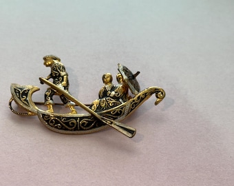 Vintage Damascene Gondola Spain Brooch Boat Canoe Gold and Silver Foil Inlaid