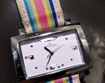 Wide Face Watch Late 1980's Anne Klein Ladies Watch Big Face and New Battery Modernist in Retro Stripes  Band Working