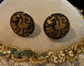 VINTAGE Earrings Vintage Damascene 22k gold foil inlaid Post Studs Toledo SPAIN Love Birds Pierced Post