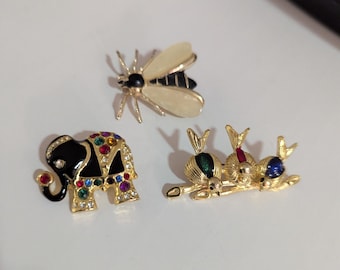Vintage Lot of Brooches Enameled Gold Plated Birds* Bee* and Crystal Rhinestones elephant