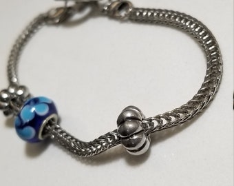 Wonderful Blue Glass Bead Charm on Bracelet Silver Tone Cable Design  Great for  European Charms Collection Start up