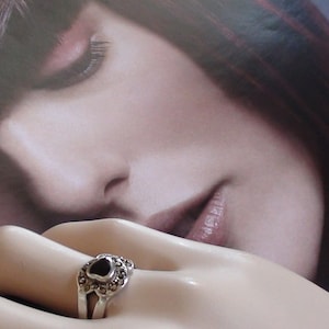 Vintage  Ring  Onyx & Marcasites  HEART Size 6  and is 925 Sterling Victorian Design Promise Love Forever