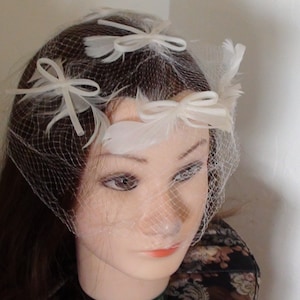 Antique White Veil Hat or Decor 1920&#39;s  Feathers and Bow  Hollywood Design Like the Movies in Art Deco Era