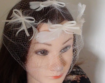 Antique White Veil Hat or Decor 1920's  Feathers and Bow  Hollywood Design Like the Movies in Art Deco Era