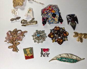 Vintage Brooches lot Leaf Green Cz*Yellow Brooch Faux Cz*Monogram A*Artisan Brooch Blue*Pink Bouquet* for repair restore or art and crafts