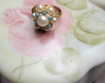 Collectible Avon Vintage Cluster Ring Simulated Pearl 18k gold Plated Tested Nice Lustre Nacar Nacre open size from 6 to 7 max