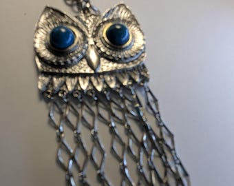1970's Articulated Owl Pendant Necklace with Faux Turquoise Eyes Silver Tone with original matching Clip on Earrings Set