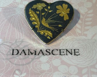 Vintage Made in Spain Heart Brooch Damascene Gold foil Inlaid