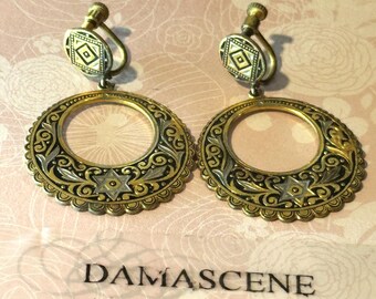 Vintage Damascene Earrings Star of David Hoops Screw Back 22k and 24k gold Foil inlaid