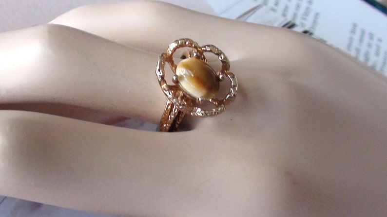 1960 TIGER Eye Cluster Ring Flower Cabochon Design 18kt HGE Size 5 AND 7 Spanish eyes Promise Ring Brides Maids gift ideas C