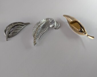 Vintage Brooches Lot Leaves Mix Gold and Silver Cz Leaf Modernist* Swirl Leaf cz Center*Tiger Eye Gemstone Accent Leaf Gold Wash