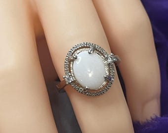 Vintage Queen Dream Opal Ring Halo Design  with 1 Sparkle Cz 2mm on each side made on Sterling Silver Size 7