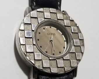 RETRO Look GUESS  watch Silver Face  Genuine Guess Large Face 1 2/8" diam and Black Leather Band