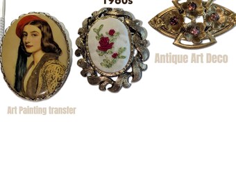 Art Deco and Vintage Brooches lot Cameo Art Needle Point and Art Deco Amethyst crystals Brooch