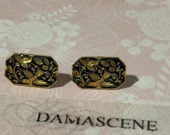Vintage Earrings Damascene Pierced Post Love Birds Rectangle Posts 22k gold foil inlaid Post Studs Toledo SPAIN