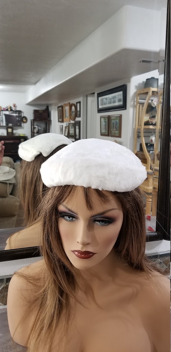 Pill Box White Faux Fur Lady 1940's Hat by Metropo