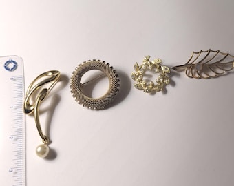 Brooches Lot Vintage Leaf*Pearls and Aurora Borealis Rhinestones* Circle Rhinestones* Modernist Swirl with Faux Pearl