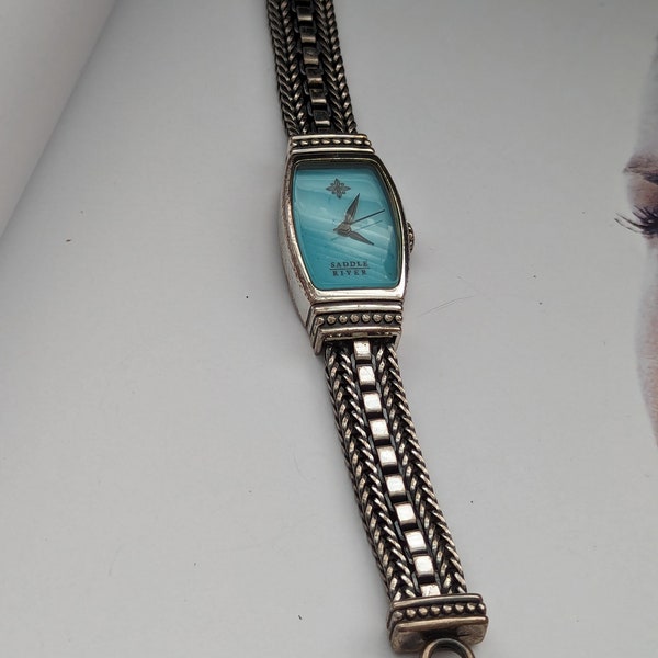 Vintage Sterling Silver Watch  Bracelet Watch 925 Sterling Silver and is Working BRAND Saddle River Turquoise Face dial