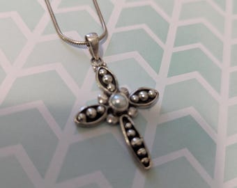 Sterling Silver Cross Crucifix Pearl Cabochon Center with 18" Snake Chain 13.3gr