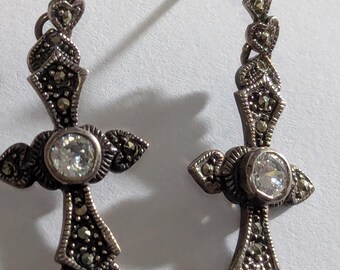 Victorian Cross Earrings pierced post Sterling 1ct Cubic Zirconia 6mm Sparkly Glam Gothic and Elegance