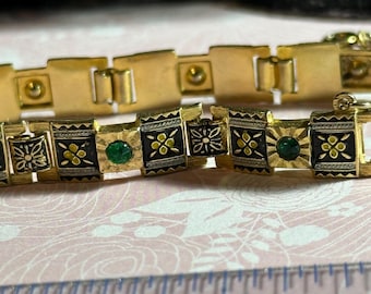 Vintage Damasquinado De Oro Gold 18k and 24k Foil Art Spanish Link Bracelet Emerald Accents Damascene Art