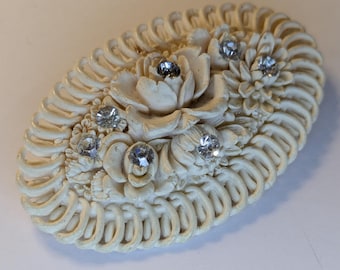 1950s Vintage Carved Celluloid Brooch Unique Design with Crystals Accents Flower