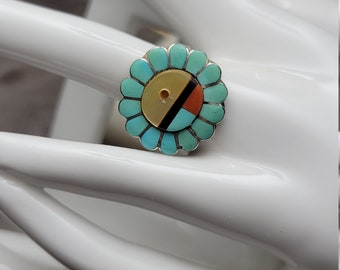 Zuni Band ring signed Arizona Turquoise Coral Onyx Zuni Sun Face Ring  Inlaid  Sterling Silver  Size 6  Indian Southwes.t Art Jewelry