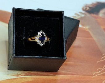 Cluster Ring Covenant RSC Genuine Navette Sapphire and Cubic Zirconia Spaprks In 18kt Yellow Gold HGE over sterling  Vintage New Old Stock