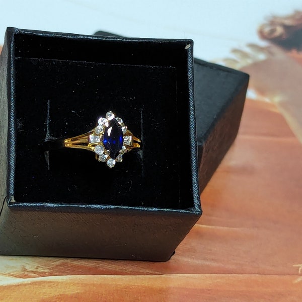 Cluster Ring Covenant RSC Genuine Navette Sapphire and Cubic Zirconia Spaprks In 18kt Yellow Gold HGE over sterling  Vintage New Old Stock