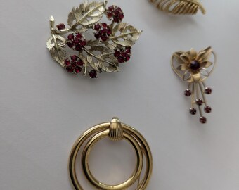 Antique Vintage Parure Brooches lot Circle of Life* Lisner Red Rhinestones*Monet Leaf*Deco Spray Red Faux Garnets Flower Brooch
