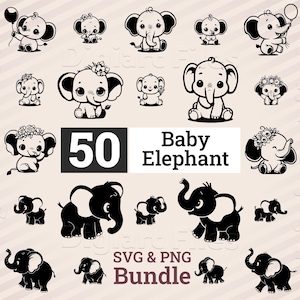 May include: A collection of black and white baby elephant illustrations in various poses, some with floral accents and balloons. The image includes the text "50 Baby Elephant SVG & PNG Bundle."