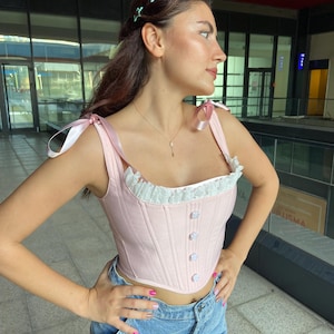Corsé de encaje rosa: estilo Bridgerton, ajuste ajustable