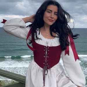 Burgundy Renaissance Midbust Front Lacing Corset, Peasant Bodice Festival Corset, Cosplay Medieval- Costume Corset Top