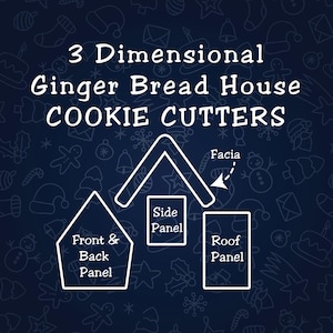 May include: A diagram showing the cookie cutter templates for a 3-dimensional gingerbread house. The templates are labeled "Facia", "Side Panel", "Front & Back Panel", and "Roof Panel".